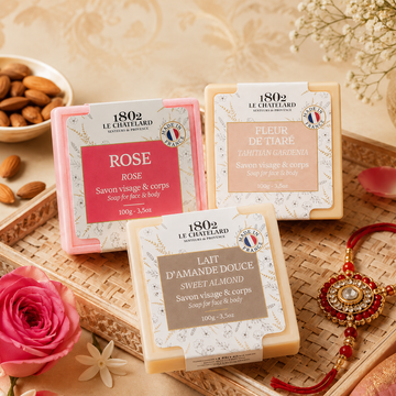 Rakhi Gift Set – Le Chatelard 1802 Bandhan Blossom Trio Rakhi Soap Gift Combo (Rose, Tahitian Gardenia & Sweet Almond), 100g Each | Free Rakhi & Gift Box, Made in France Le Chatelard