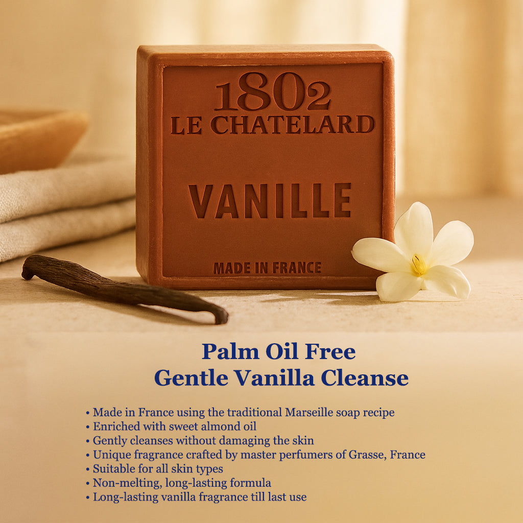 Bar of soap with '1802 Le ChateLard Vanille' branding on a beige background with vanilla bean and flower.