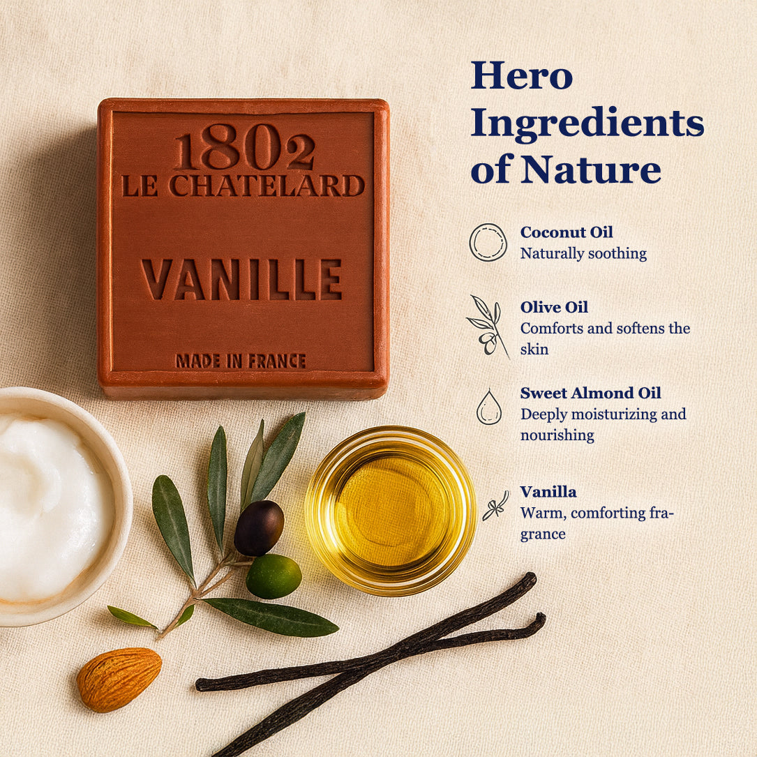 Le Chatelard 1802 Vanille soap bar with vanilla beans, olive oil, and coconut oil on a beige background.