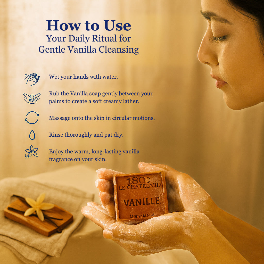 Person holding a bar of 1802 Le Chatelet Vanille soap with instructions on how to use it for gentle vanilla cleansing.