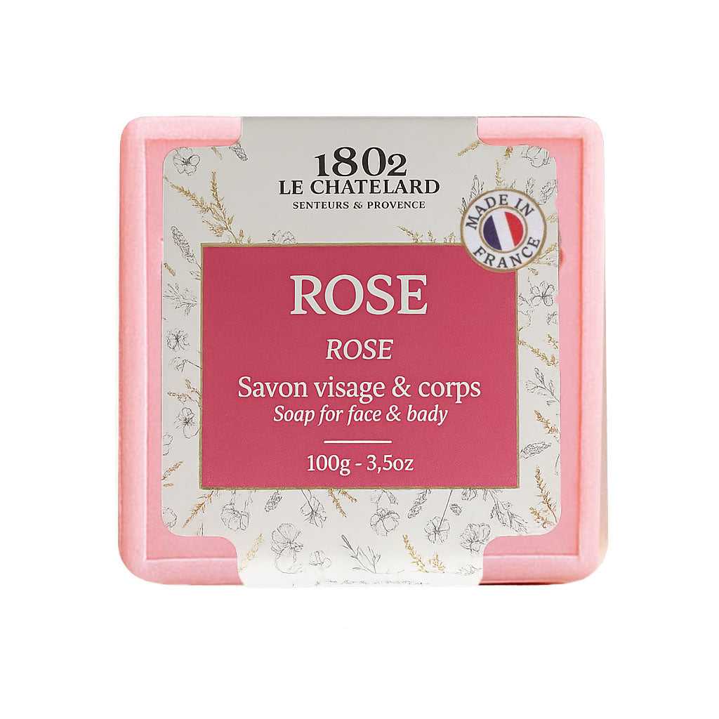 Le Chatelard 1802 soap packaging with 'Rose' branding on a white background