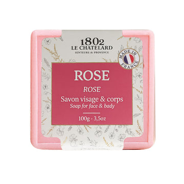 Le Chatelard 1802 soap packaging with 'Rose' branding on a white background