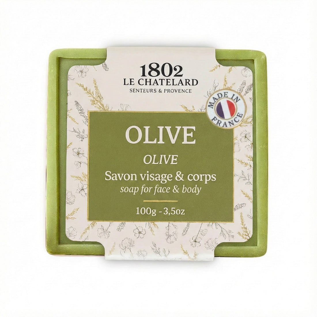 Le Chatelard 1802 olive soap packaging on a white background