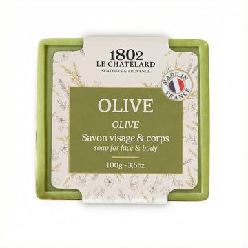 Le Chatelard 1802 olive soap packaging on a white background