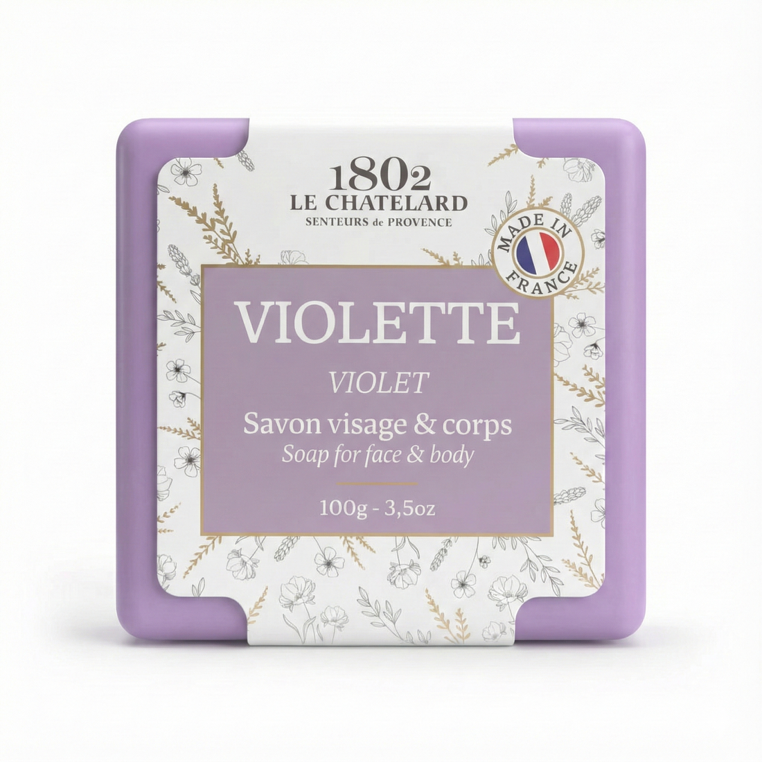 Soap packaging with '1802 Le Chatelard' branding and 'Violette' label on a white background