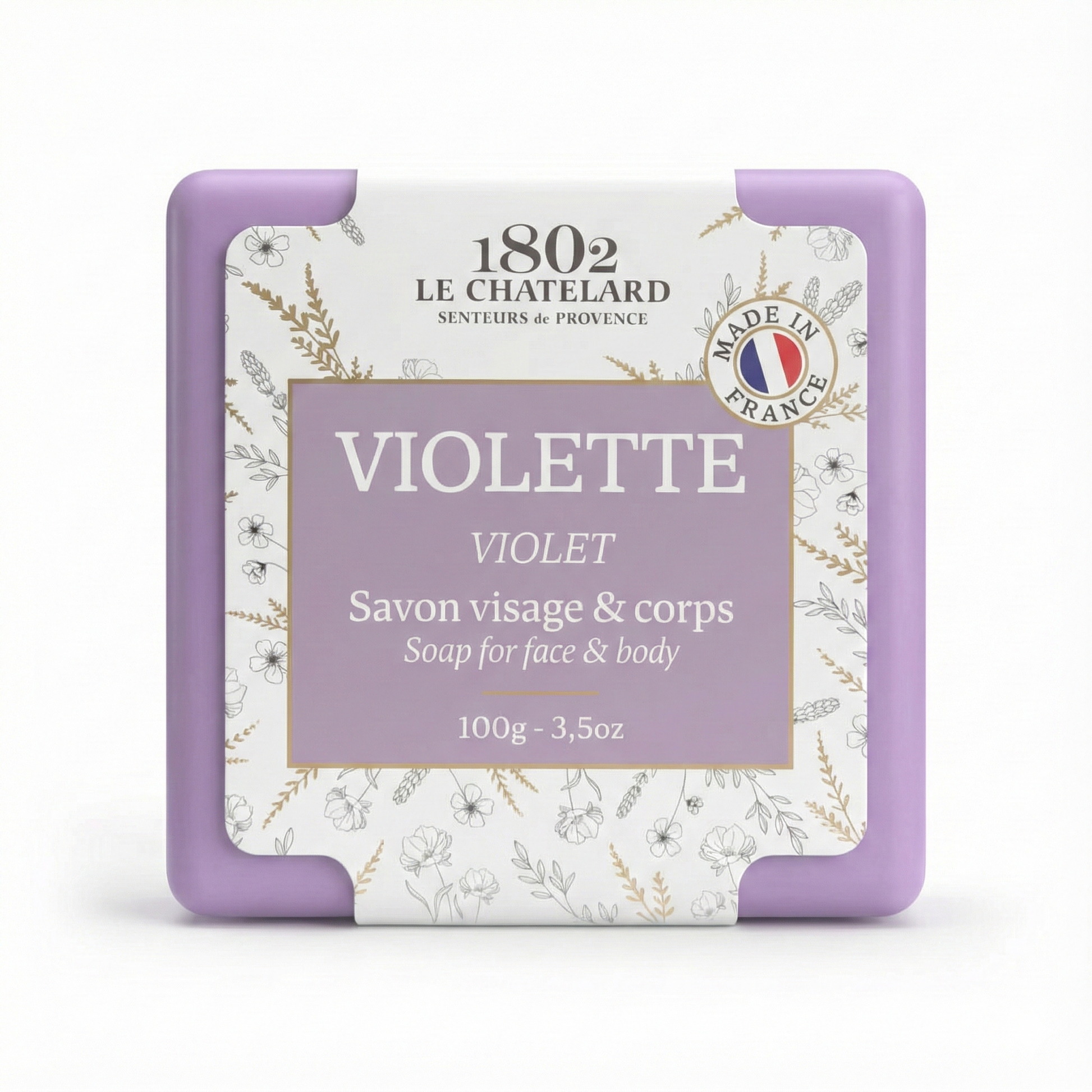 Soap packaging with '1802 Le Chatelard' branding and 'Violette' label on a white background