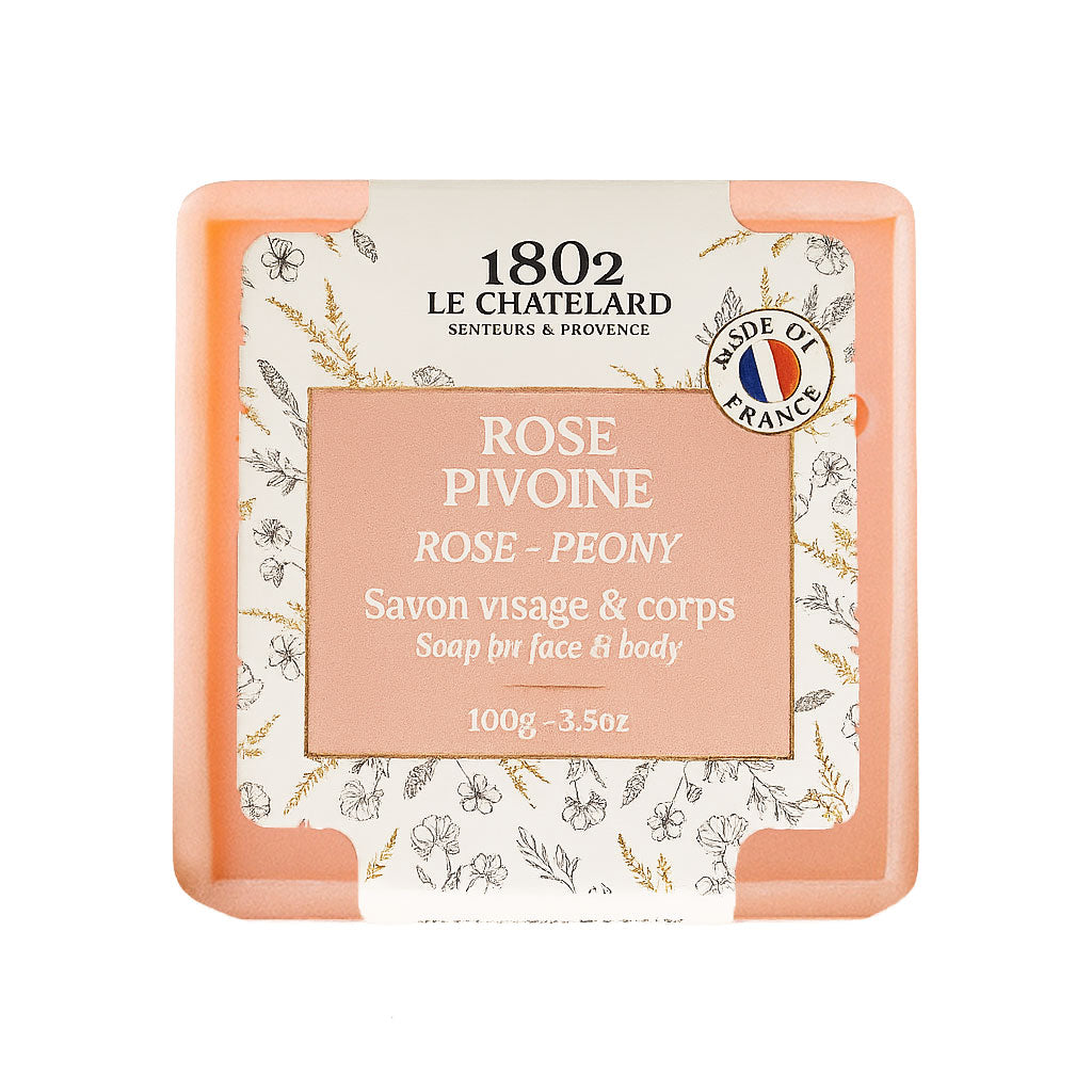 Le Chatelard 1802 soap packaging with rose peony design on a white background