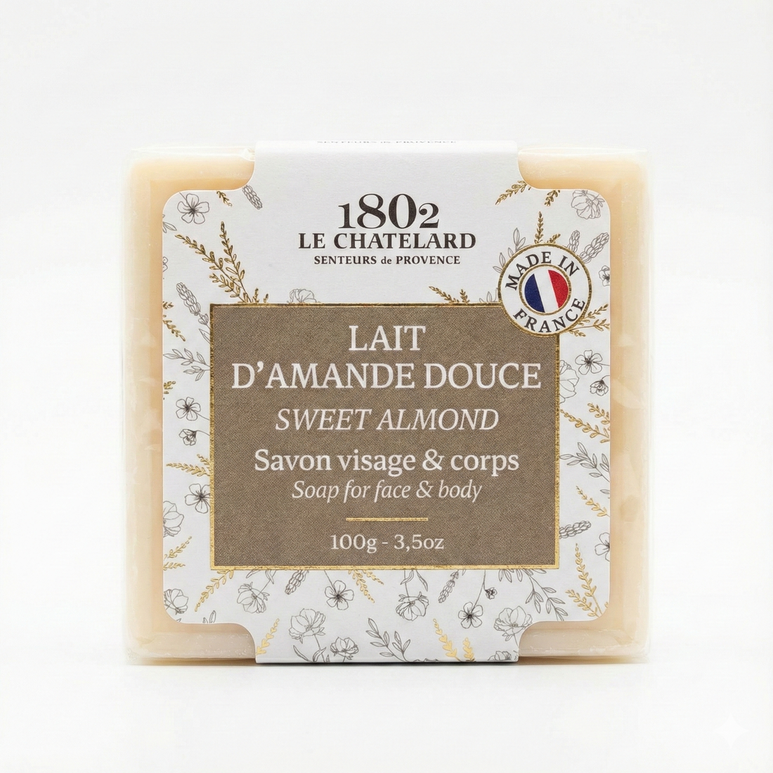 Bar of soap with '1802 Le Chatelard' packaging on a white background