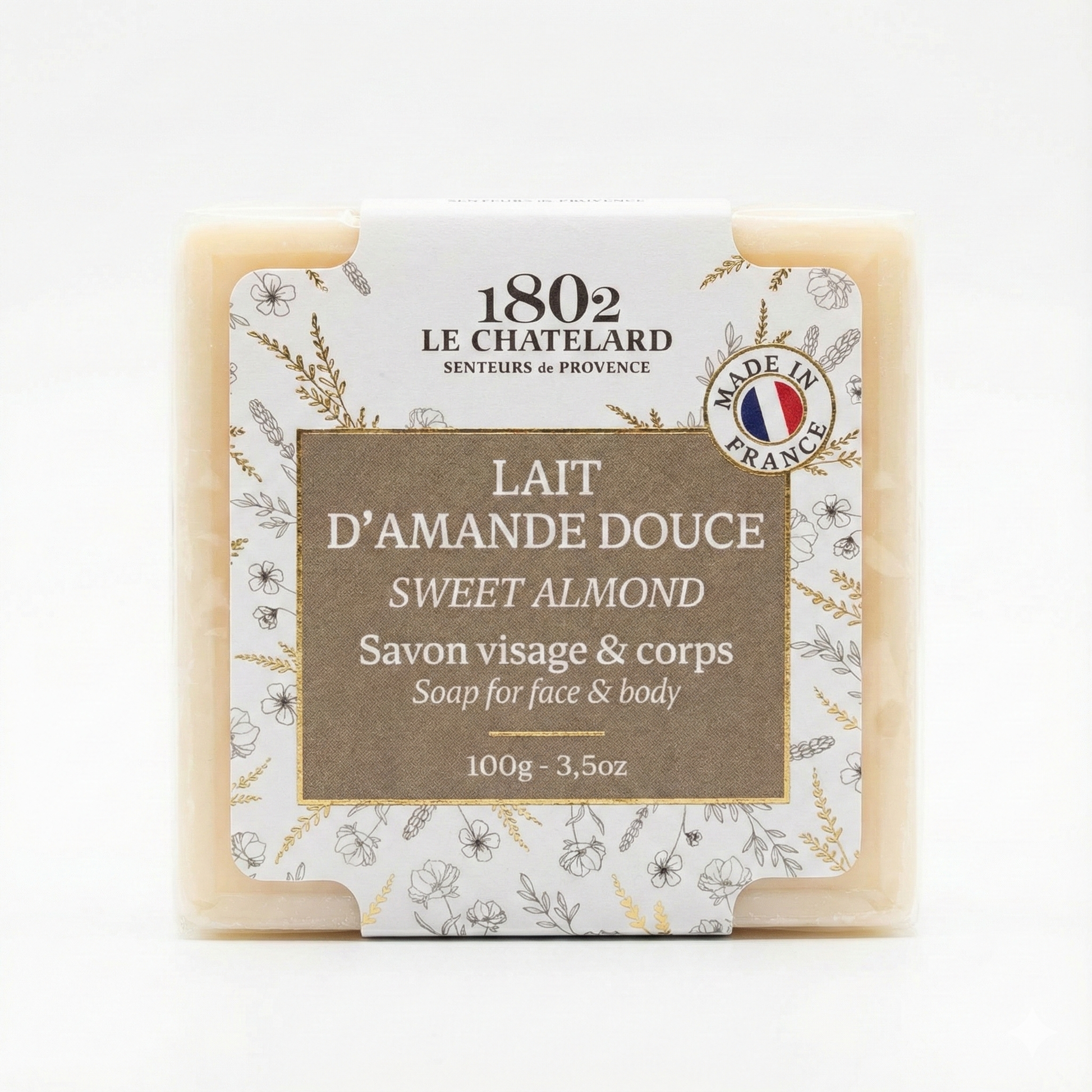 Bar of soap with '1802 Le Chatelard' packaging on a white background