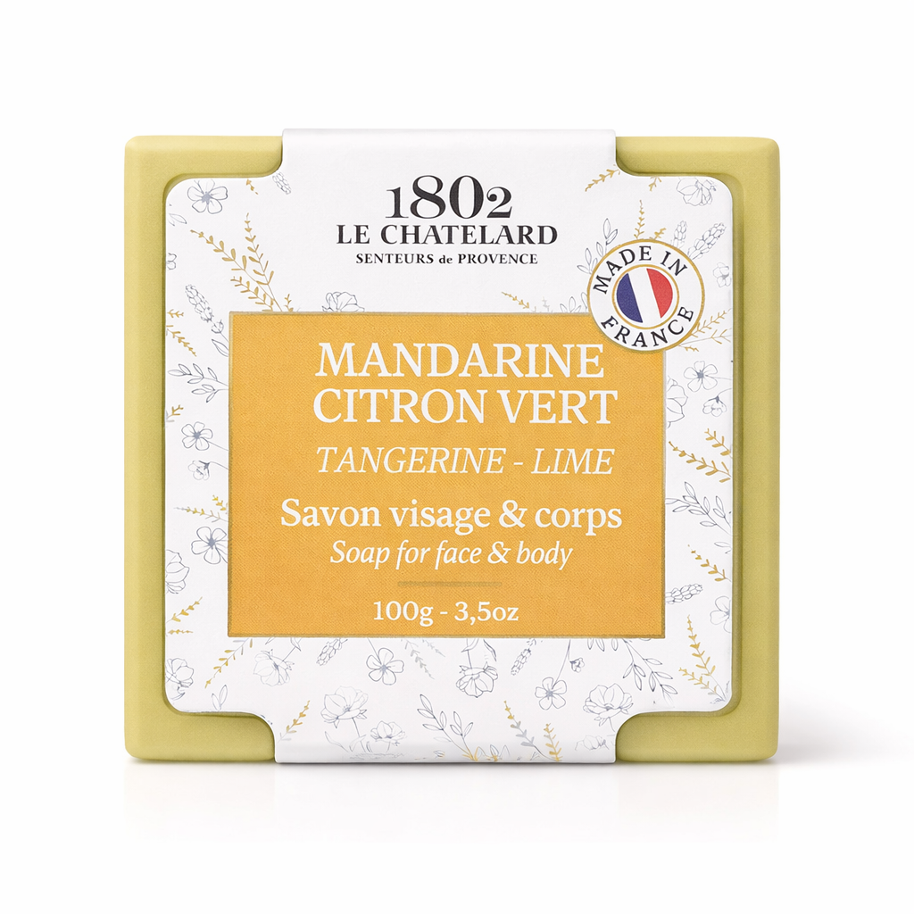 Le Chatelard 1802 soap bar with tangerine and lime scent on a white background