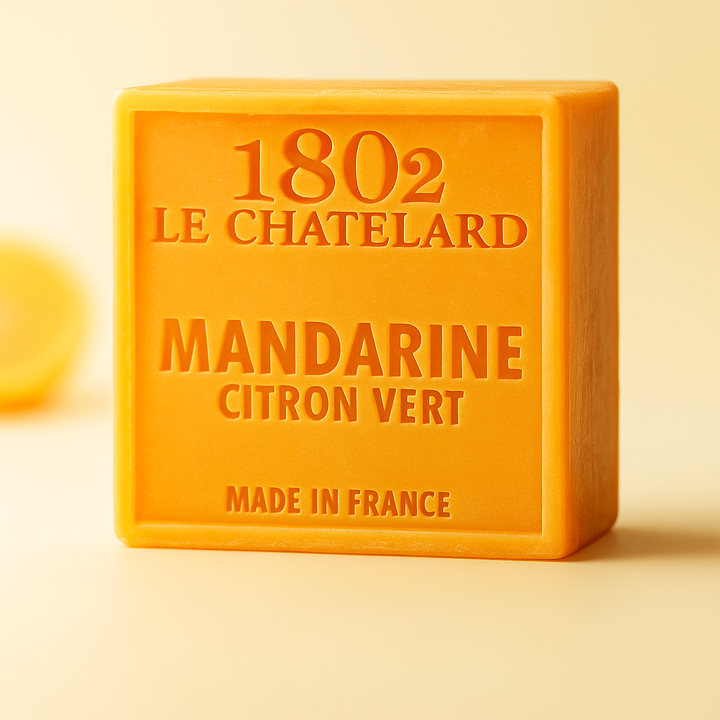 Orange soap bar with '1802 Le Chatelard' branding on a beige background