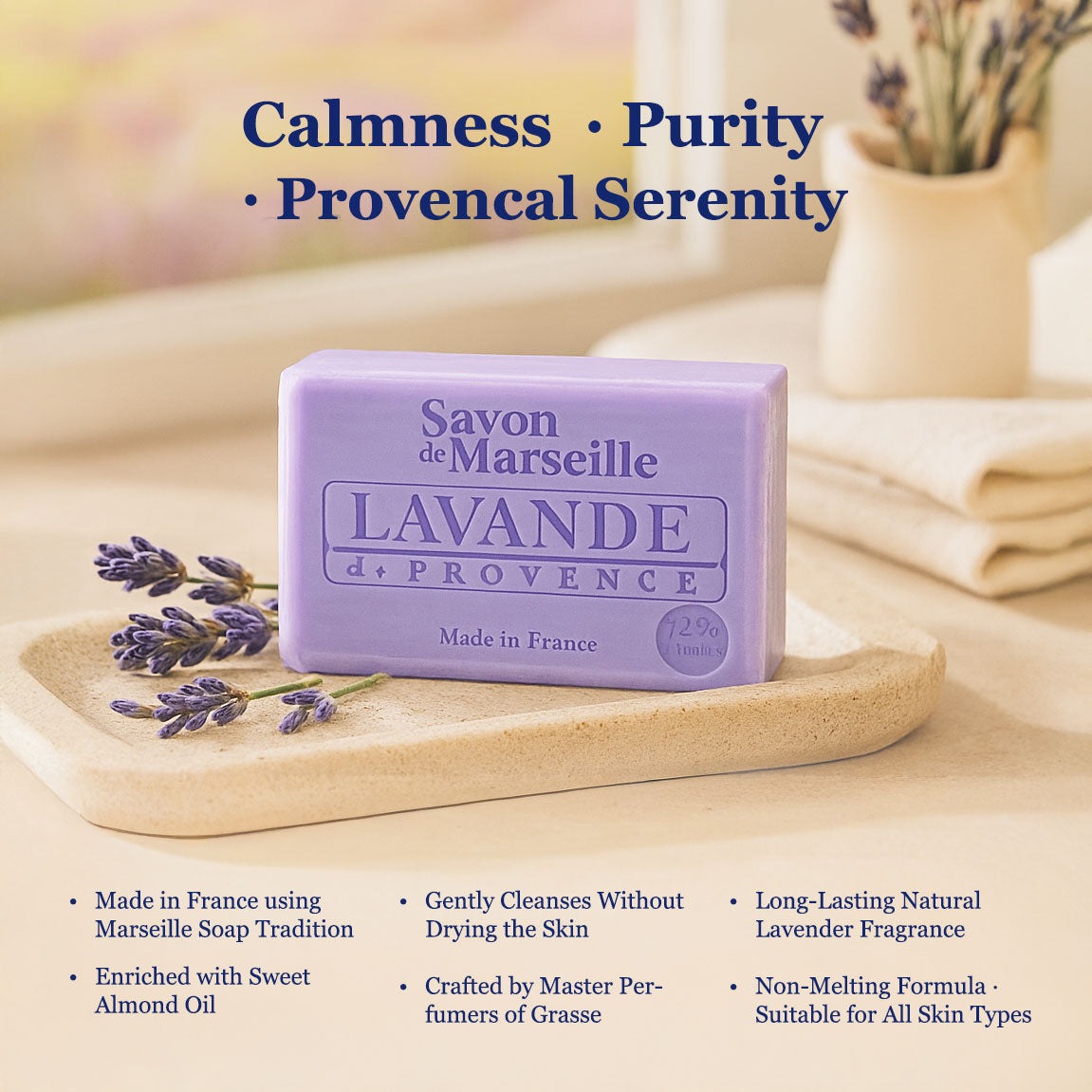 Provence's Lavender Soap – French Marseille Relaxing & Soothing Face & Body Bar with Almond Oil | 100g