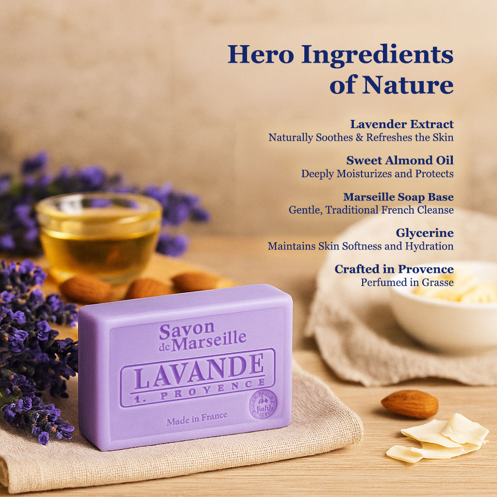 Provence's Lavender Soap – French Marseille Relaxing & Soothing Face & Body Bar with Almond Oil | 100g