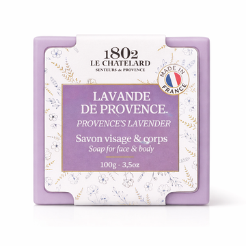 Le Chatelard 1802 soap packaging with lavender design on a white background