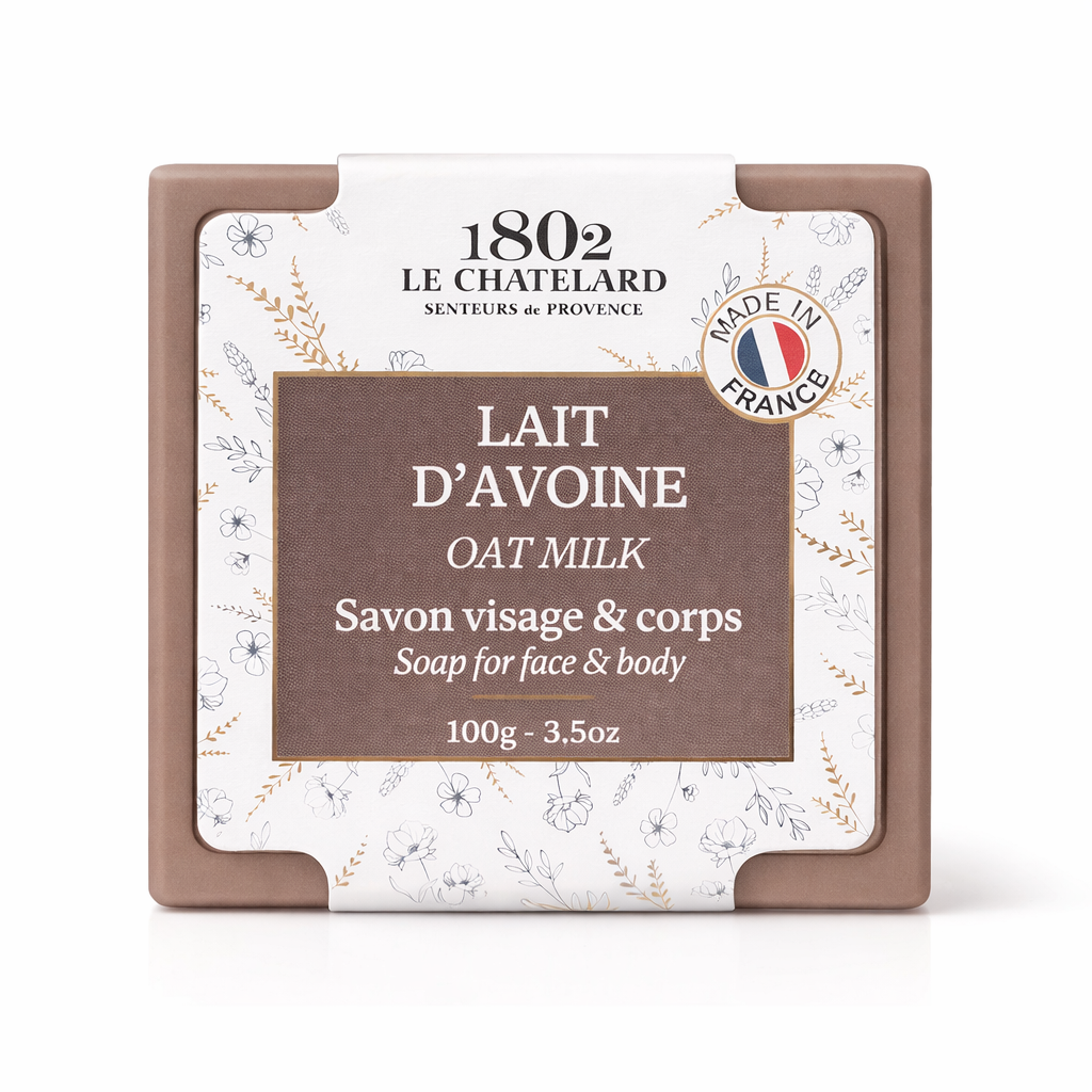 Le Chatelard 1802 oat milk soap packaging on a white background