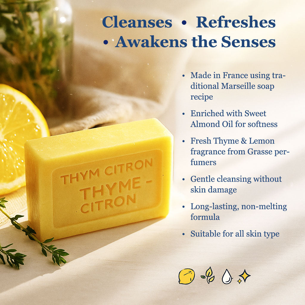 Thyme & Lemon Soap – French Marseille Fresh Citrus Face & Body Bar with Almond Oil | 100g
