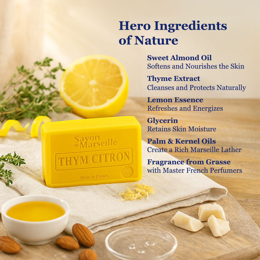 Thyme & Lemon Soap – French Marseille Fresh Citrus Face & Body Bar with Almond Oil | 100g