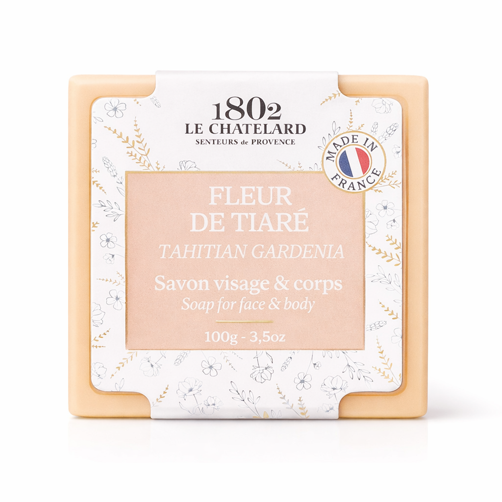 Soap bar with packaging featuring '1802 Le Chatelard' branding on a white background