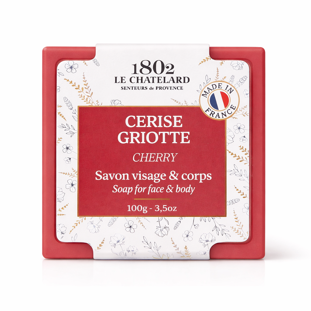 Le Chatelard 1802 cherry soap packaging on a white background