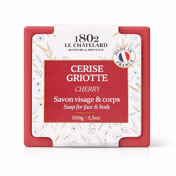 Le Chatelard 1802 cherry soap packaging on a white background