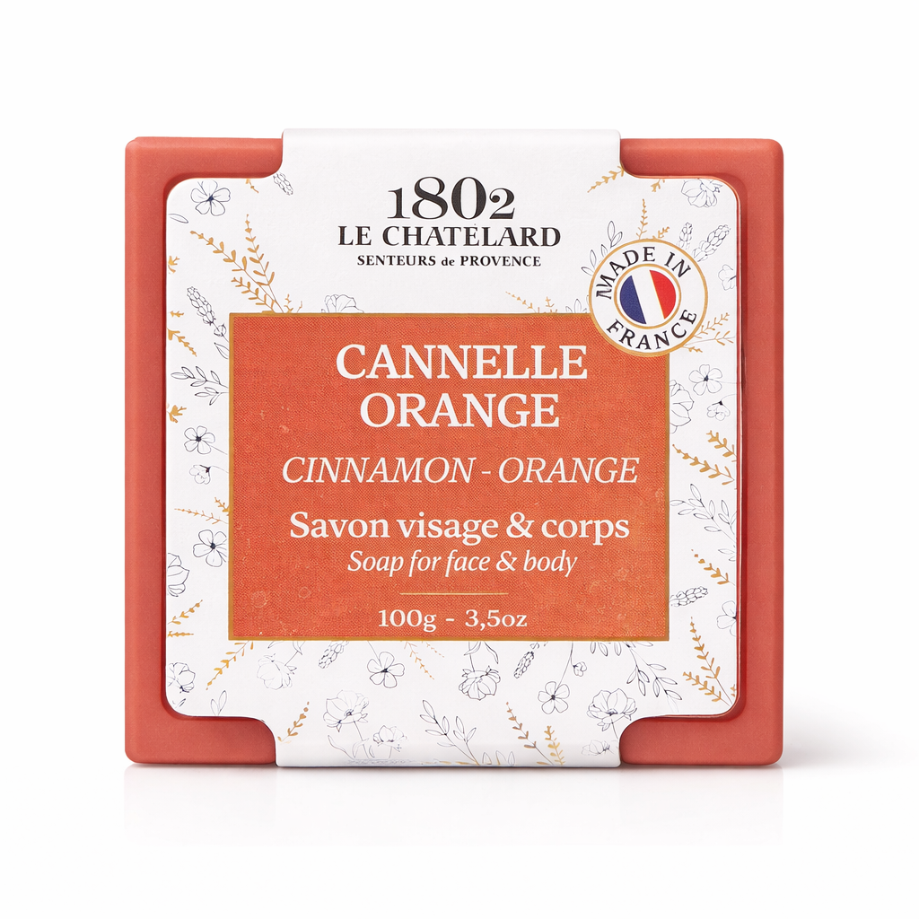 Cinnamon-orange soap bar with Le Chatelard packaging on a white background