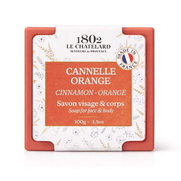 Cinnamon-orange soap bar with Le Chatelard packaging on a white background