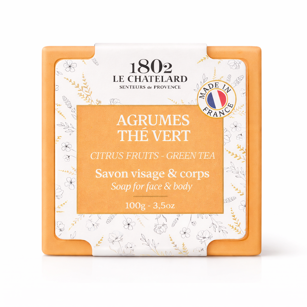 Le Chatelard 1802 soap packaging with branding and product details on a white background