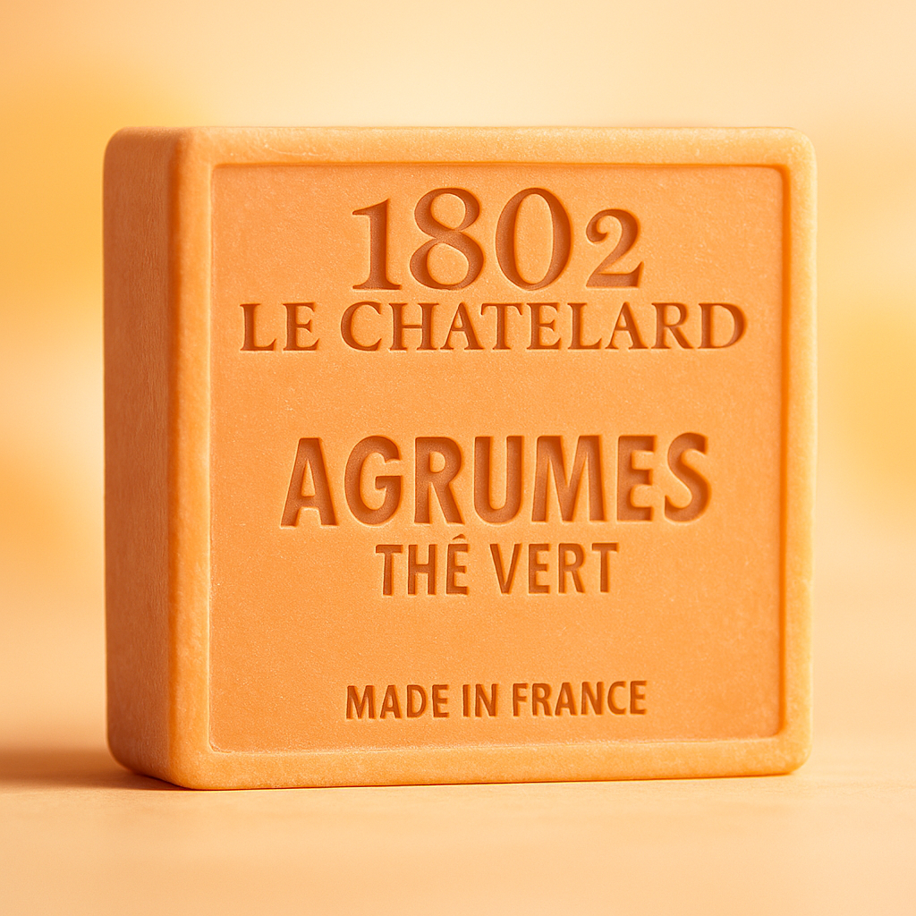 Le Chatelard 1802 soap packaging with branding and product details on a white background