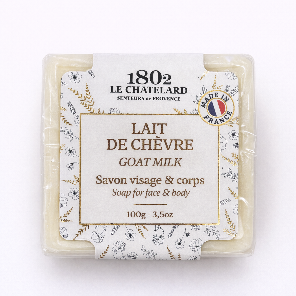 Goat milk soap bar with packaging featuring '1802 Le Chatelard' branding on a white background.