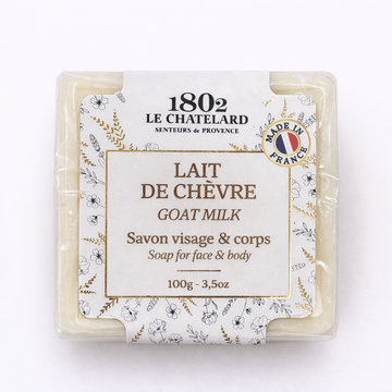Goat milk soap bar with packaging featuring '1802 Le Chatelard' branding on a white background.