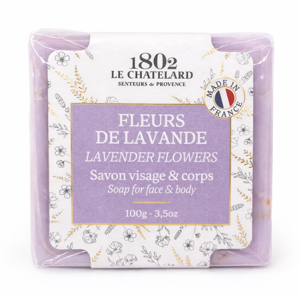 Le Chatelard 1802 lavender flowers soap packaging on a white background