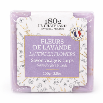 Le Chatelard 1802 lavender flowers soap packaging on a white background