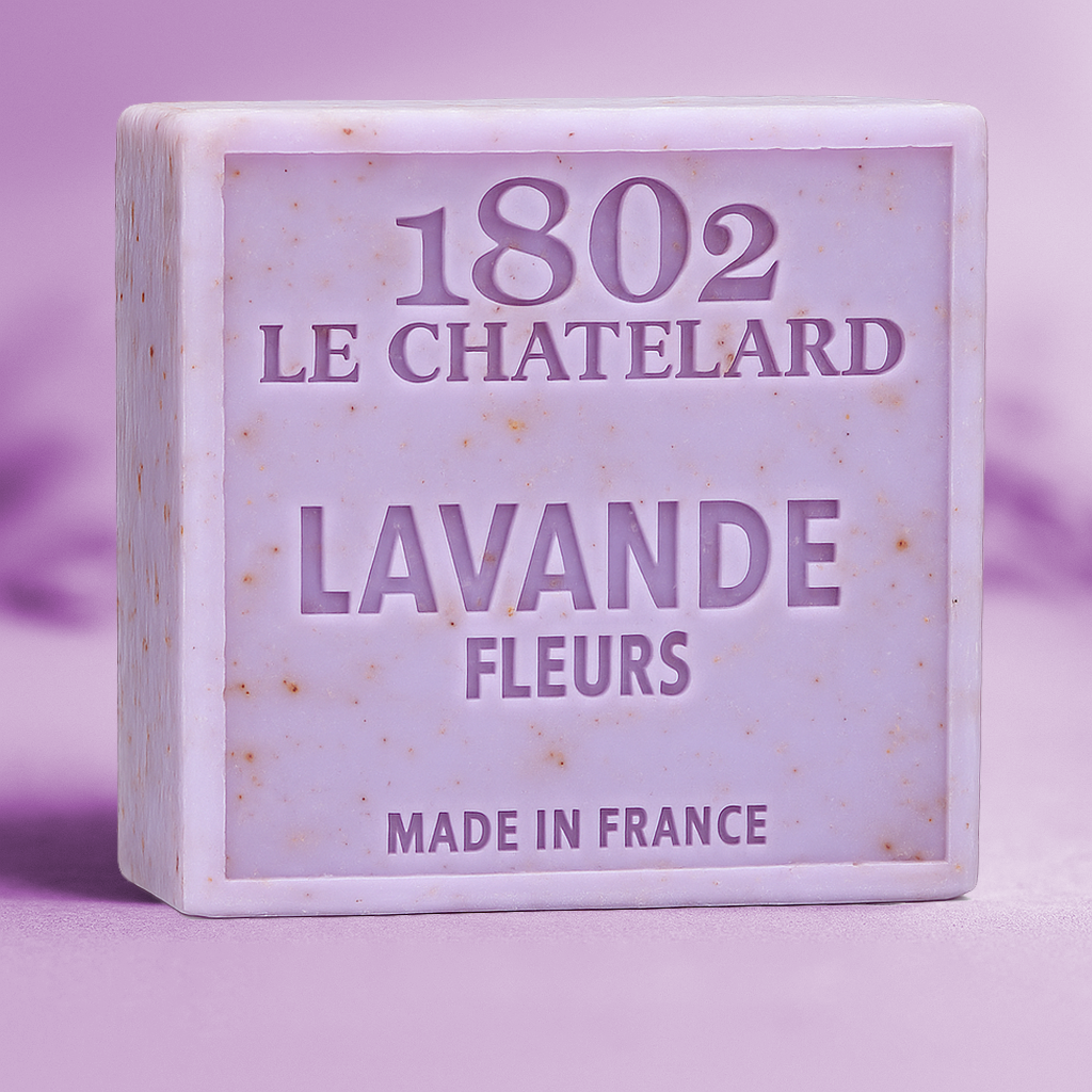 Square soap bar with '1802 Le Chatelard Lavande Fleurs Made in France' text on a purple background