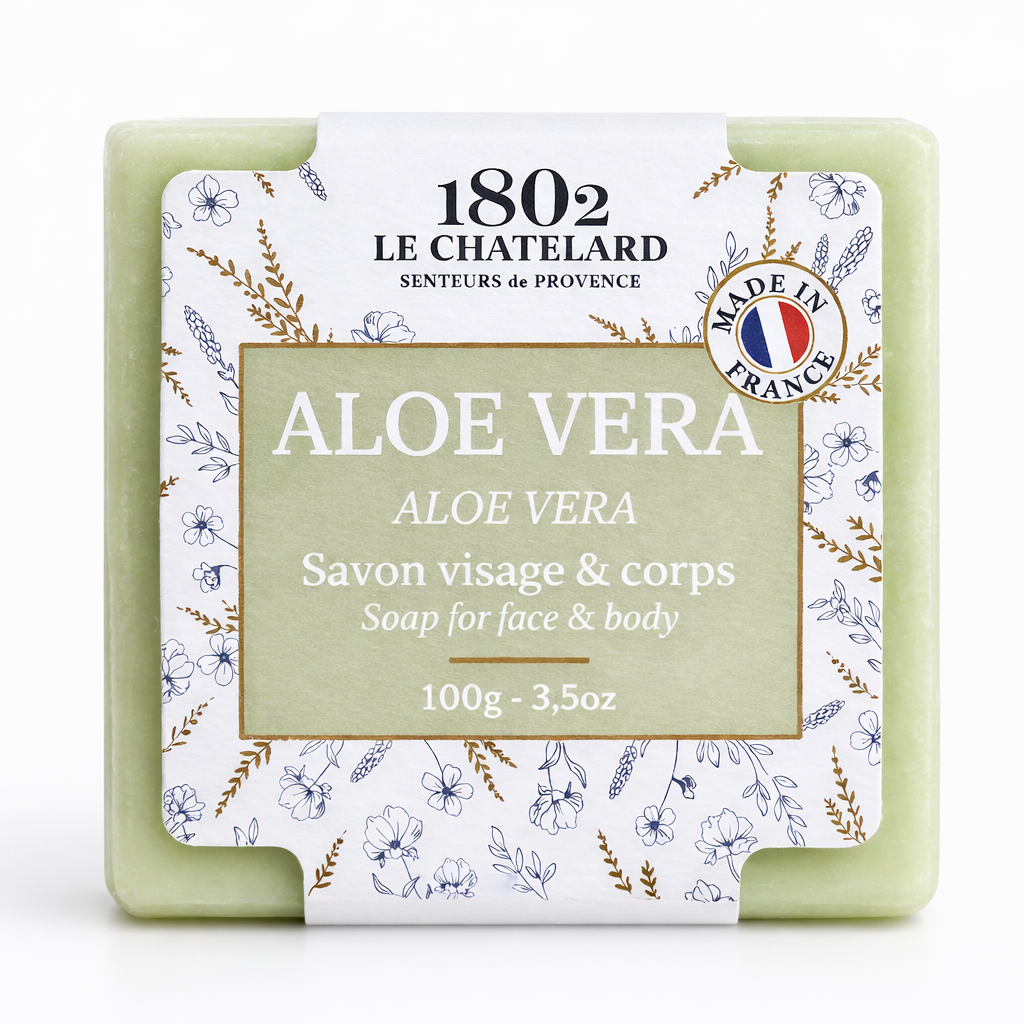 Bar of soap with '1802 Le Chatelard' branding and 'Aloe Vera' label on a white background
