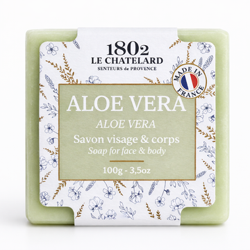Bar of soap with '1802 Le Chatelard' branding and 'Aloe Vera' label on a white background