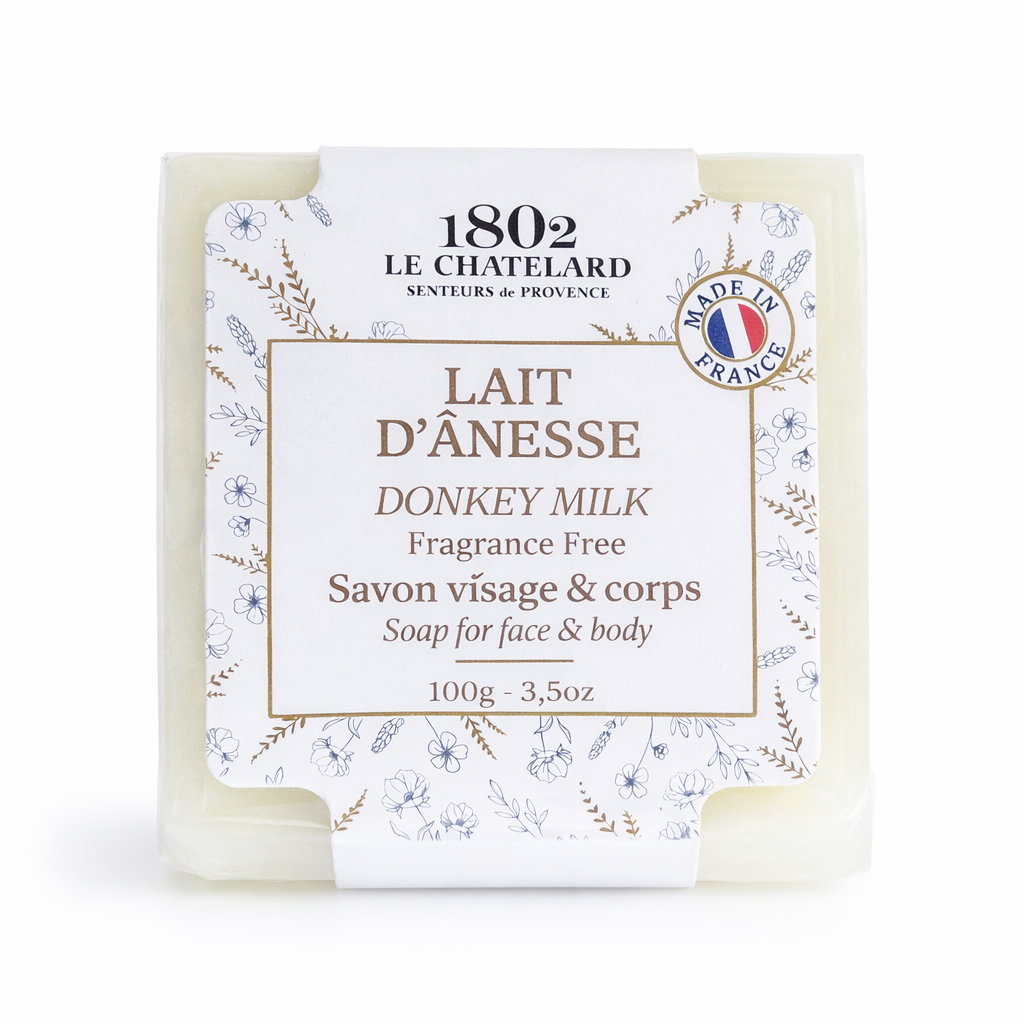 Bar of soap with 'Le Chatelard 1802' packaging on a white background