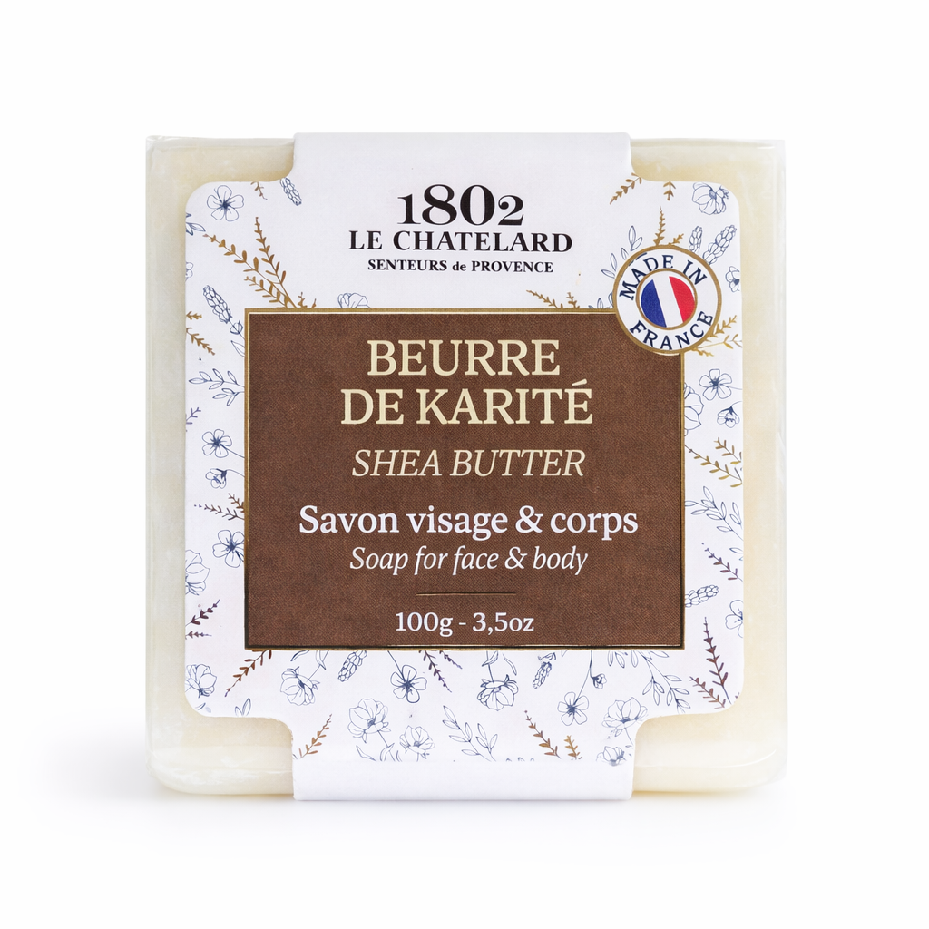 Shea butter soap bar with branding and product details on a white background