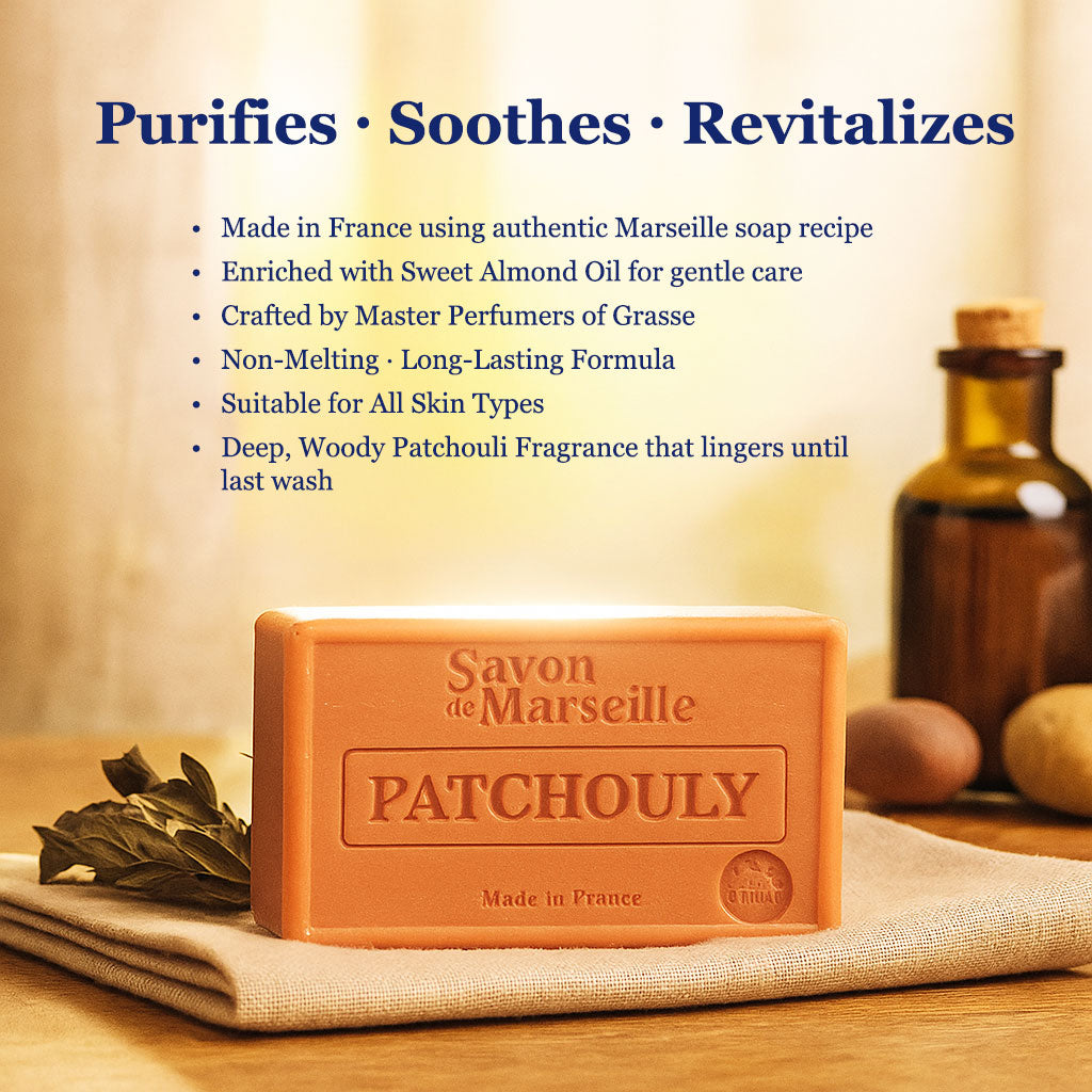 Patchouli Soap – French Marseille Luxury Face & Body Bar with Almond Oil | 100g