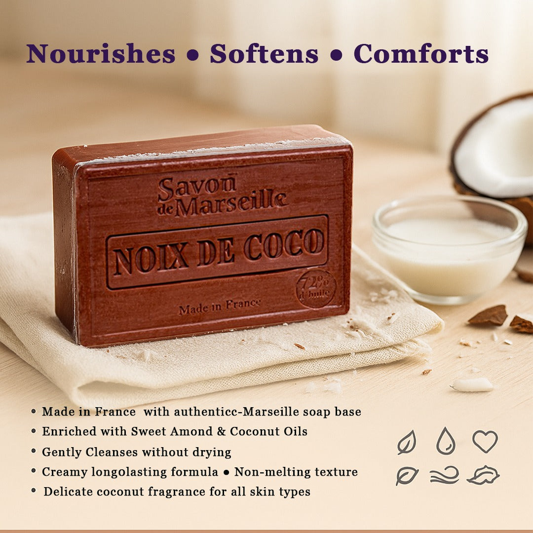 Coconut Soap – French Marseille Moisturizing Face & Body Bar with Almond Oil | 100g