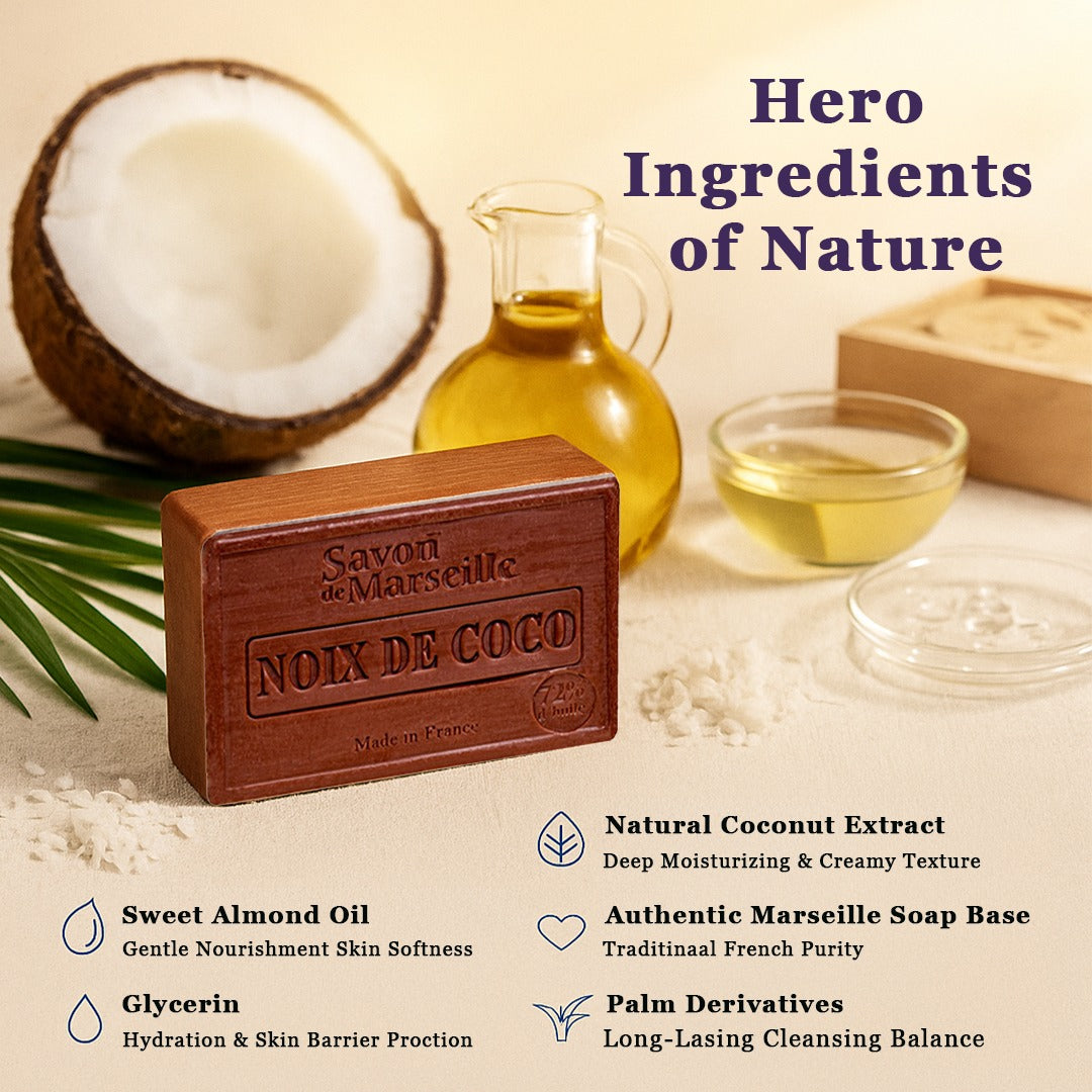 Coconut Soap – French Marseille Moisturizing Face & Body Bar with Almond Oil | 100g