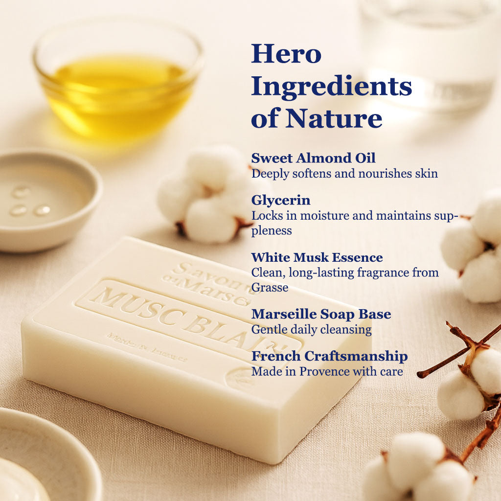 White Musk French Soap – Luxury Marseille Face & Body Bar with Almond Oil (100g)
