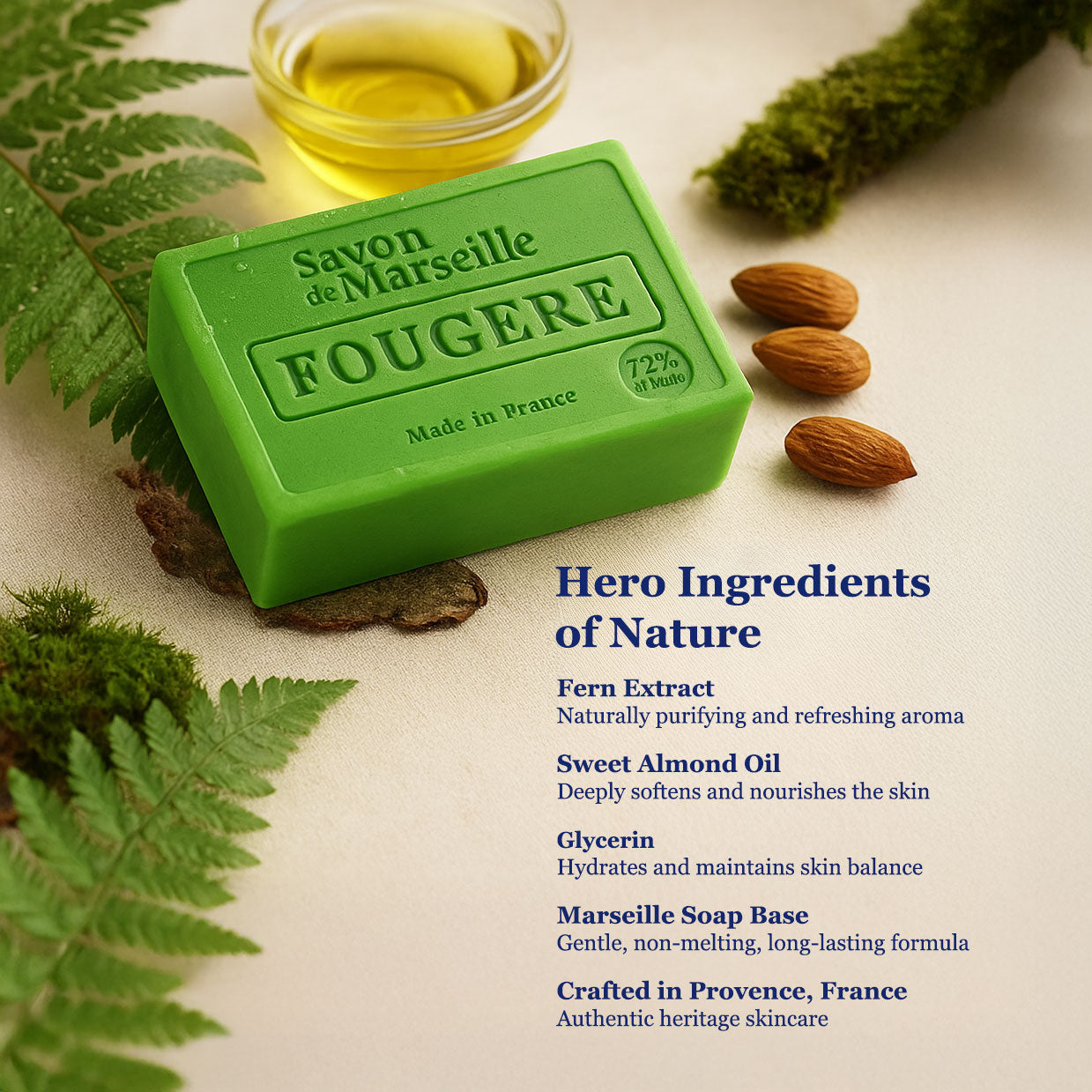 Fern Marseille Soap – Fresh Green French Marseille Soap for Face & Body | 100g