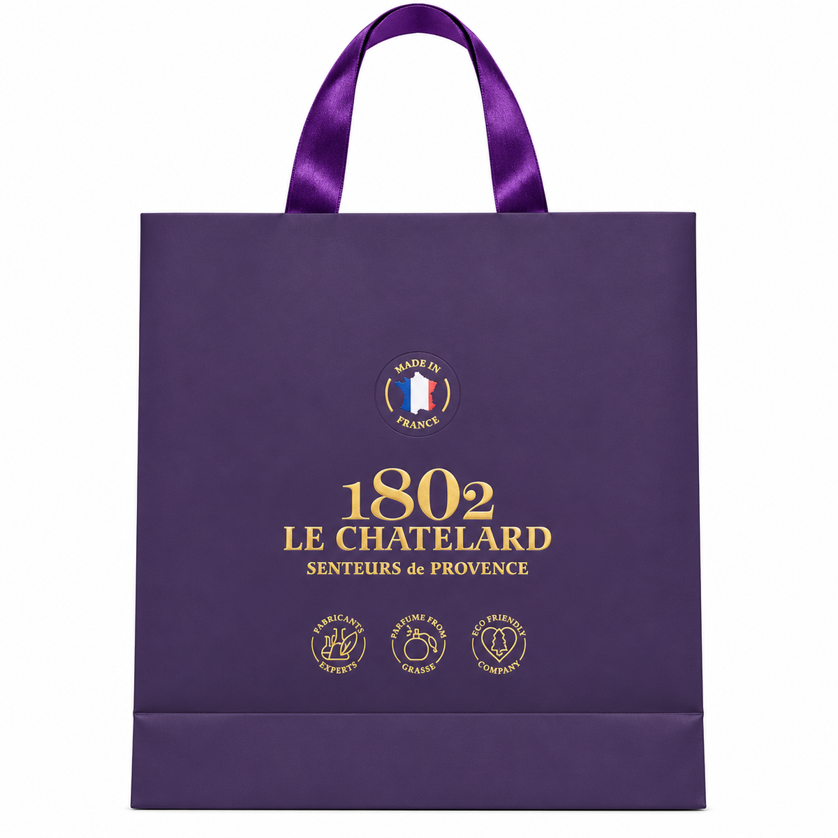 Le Chatelard 1802 Luxury Gift Bag – Signature Purple Shopping Bag with Satin Ribbon Handles