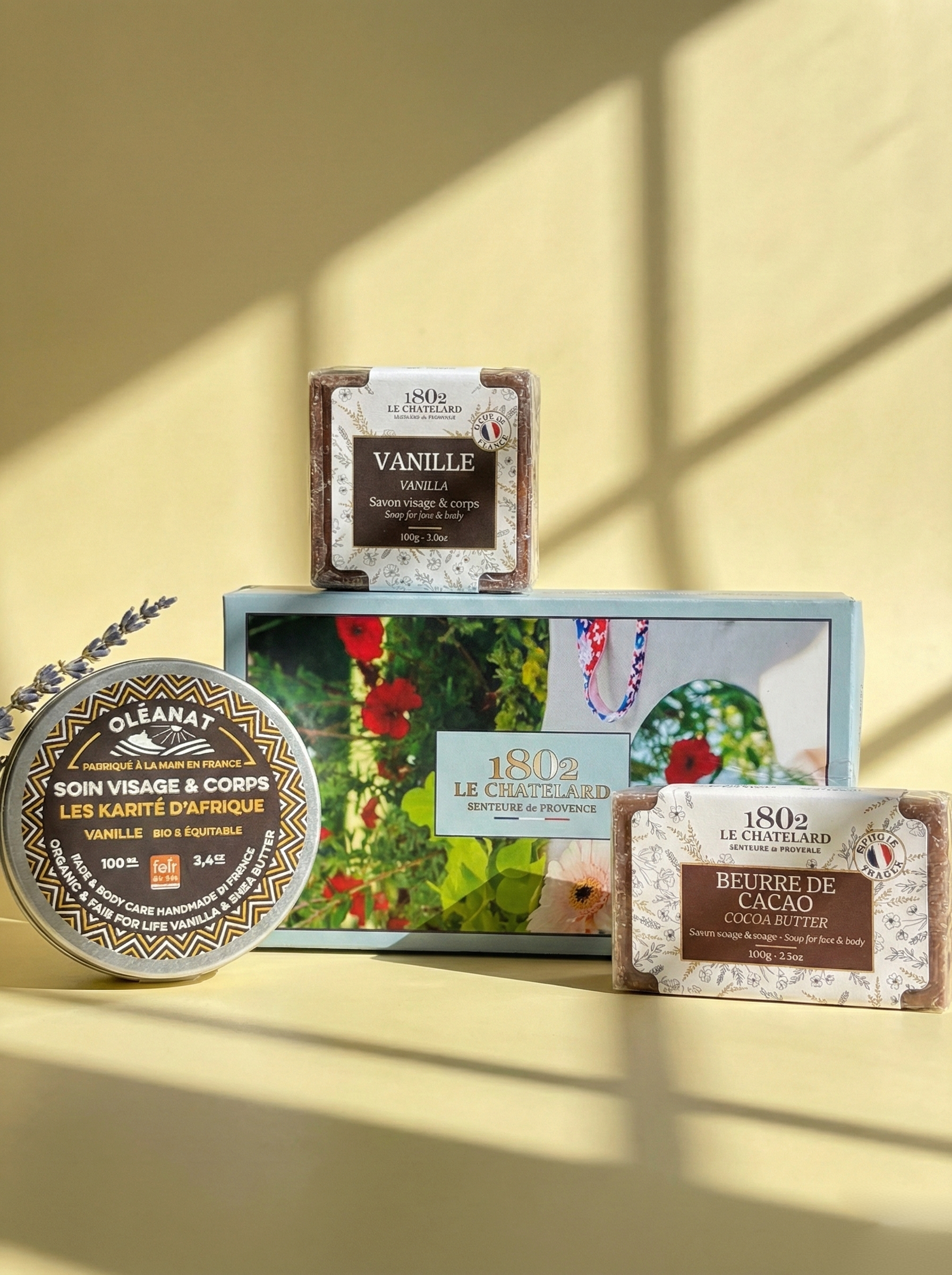 Le Chatelard Vanilla French Nourishment Combo | Oleanat Vanilla Shea Butter Balm, Cocoa Butter Soap & Vanilla Soap Gift Set / Made In France
