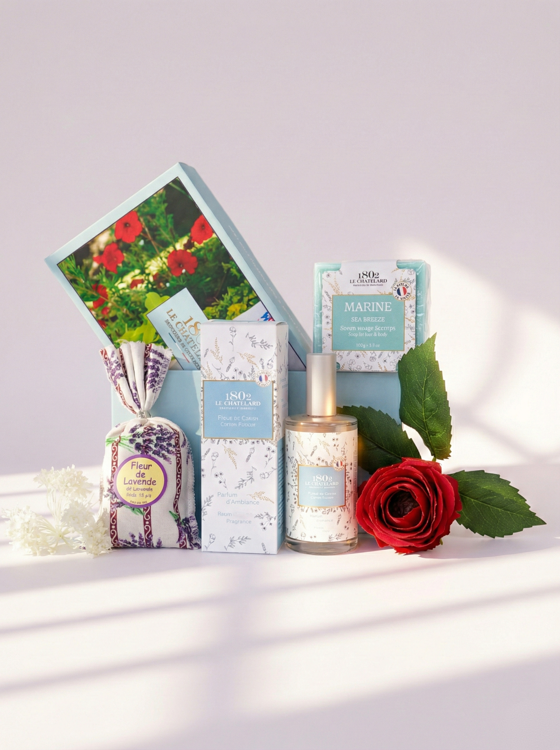 Le Chatelard 1802 French Home & Bath Fragrance Combo | Cotton Flower Room Spray, Pillow Mist & Marine Soap / Made In France