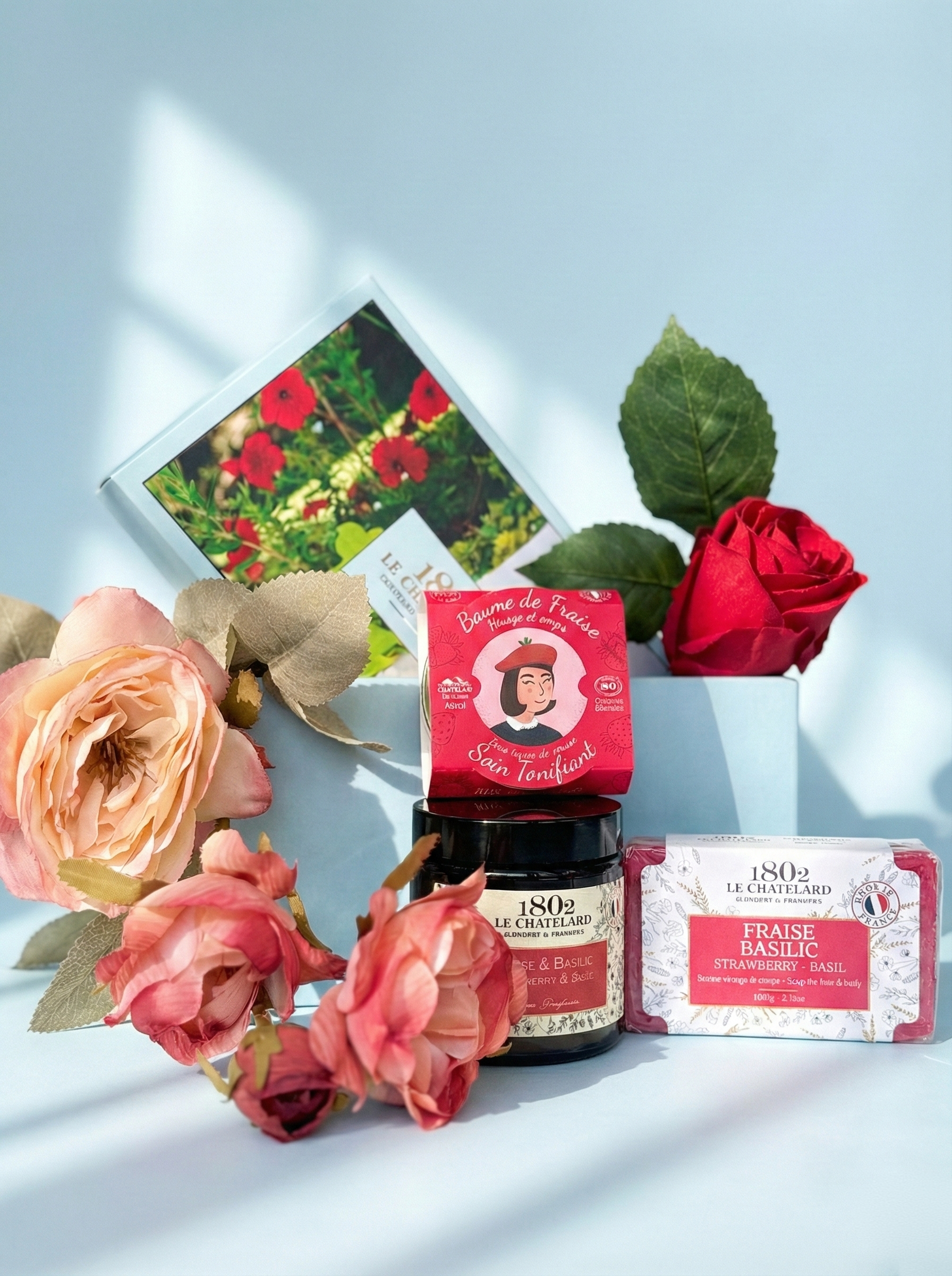 Le Chatelard 1802 Strawberry Basil French Self-Care Combo | Strawberry Sublimating Balm, Strawberry Basil Soap & Strawberry Scented Candle Gift Set / Made In France