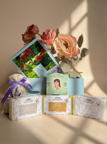 Le Chatelard 1802 French Bath & Body Care Combo | White Musk, Donkey Milk & Thyme Lemon Soaps + Organic Almond Balm / Made In France