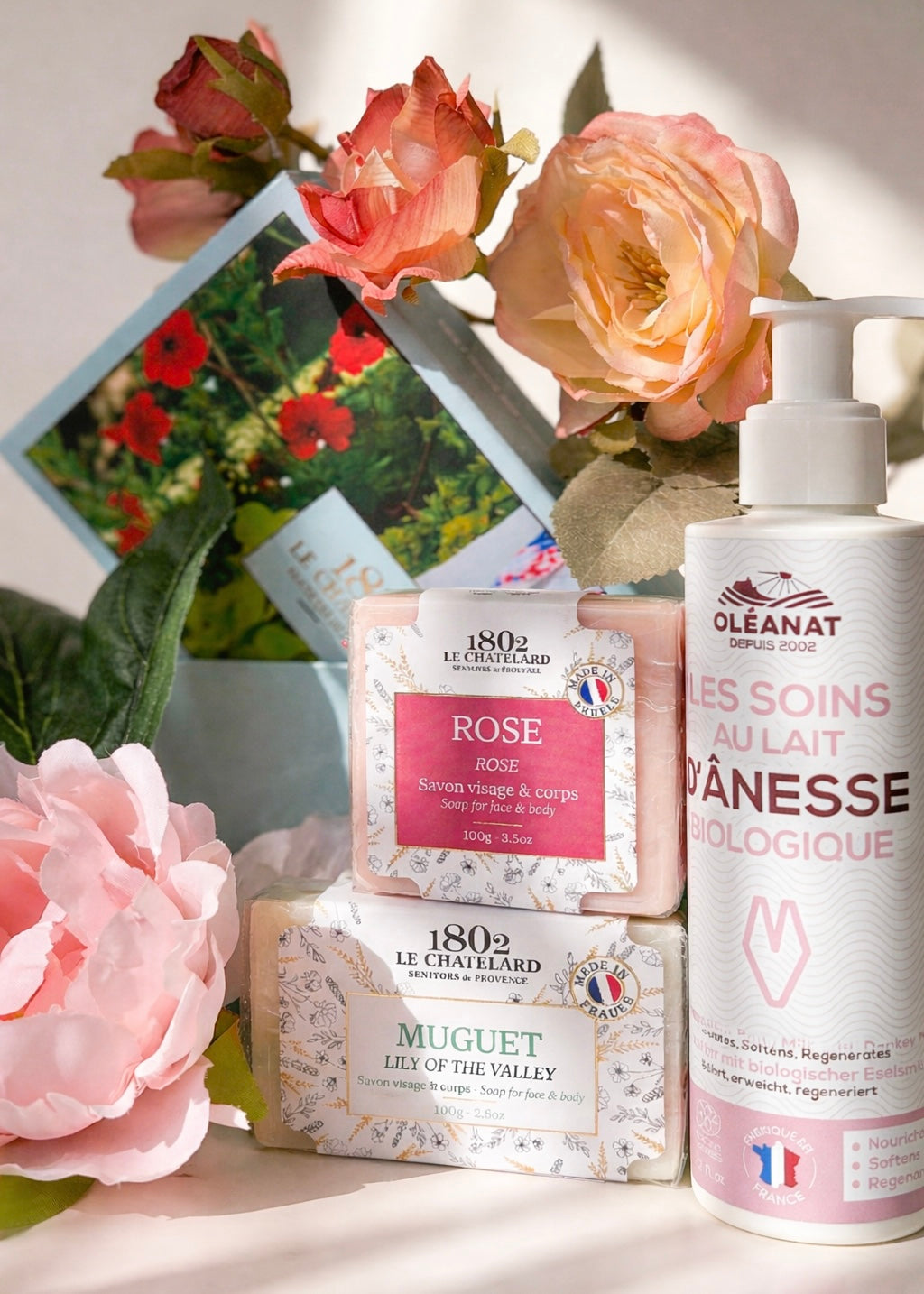 Le Chatelard 1802 French Luxury Body Care Combo | Rose Soap, Lily of the Valley Soap & Organic Donkey Milk Body Lotion / Made In France