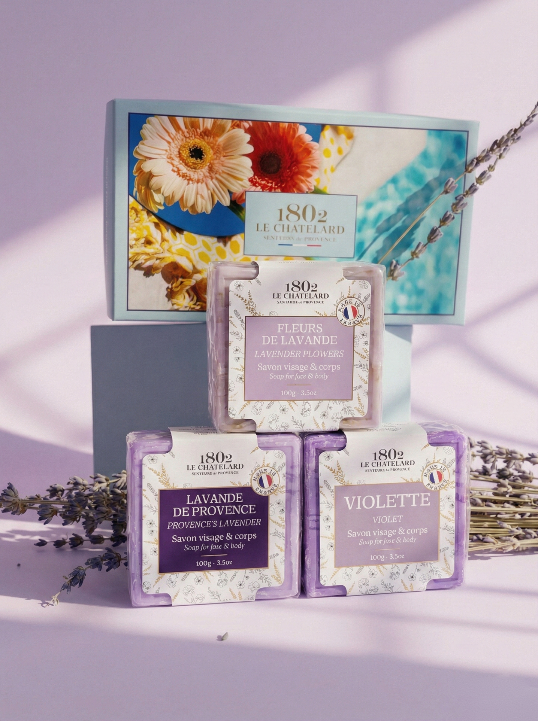 Le Chatelard 1802 French Lavender Love Soap Combo | Provence's Lavender, Lavender Flowers & Violet French Soaps (3 x 100g) / Made In France