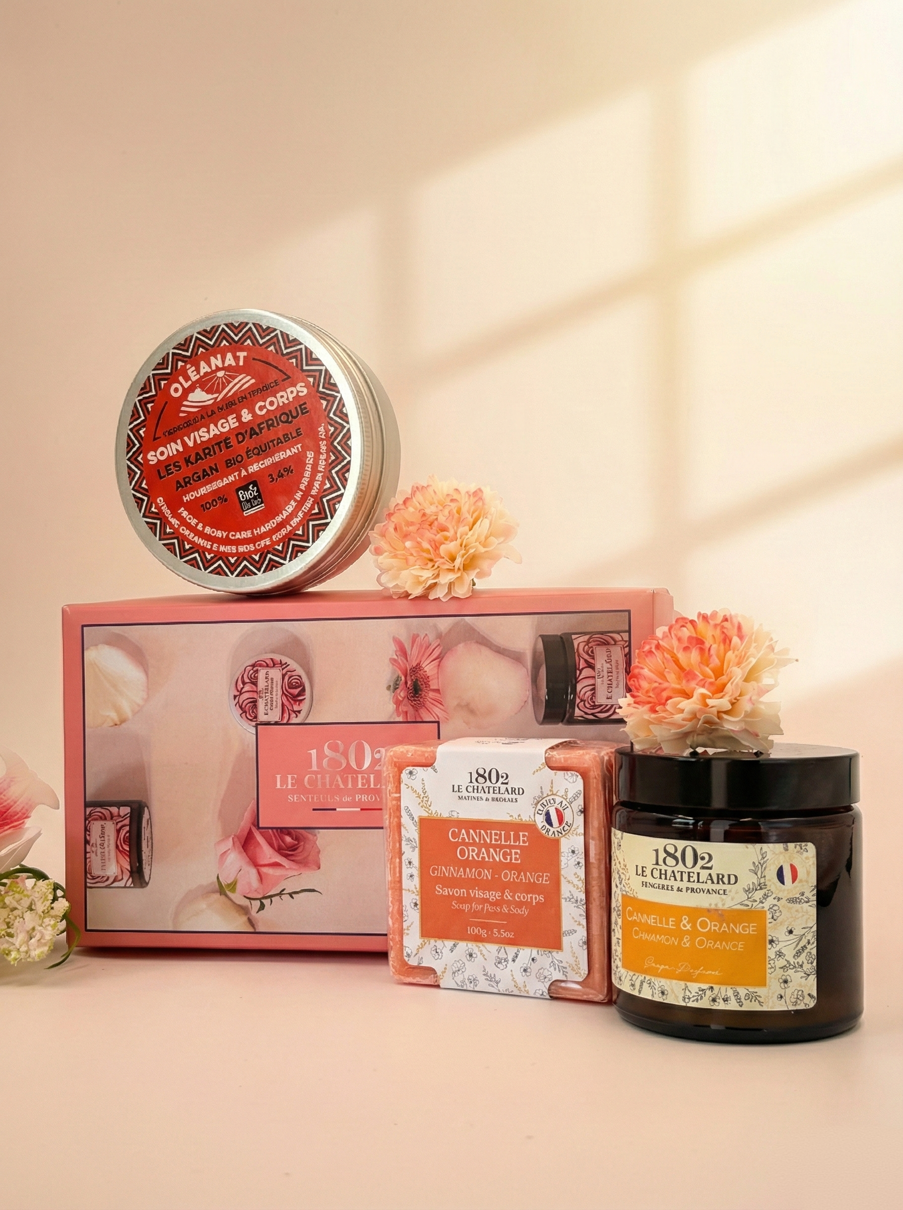 Le Chatelard 1802 Warm Citrus Self-Care Combo | Cinnamon Orange Soap, Oleanat Shea Butter With Argan Oil & Cinnamon Orange Scented Candle Gift Set / Made In France